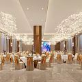 Elegant Banquet Hall Featuring White Branch Chandeliers Marble Flooring Beige Chairs And Gold Accents