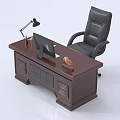 Dark Brown Office Desk With Computer Monitor Black Desk Lamp Pen Holder And Leather Chair