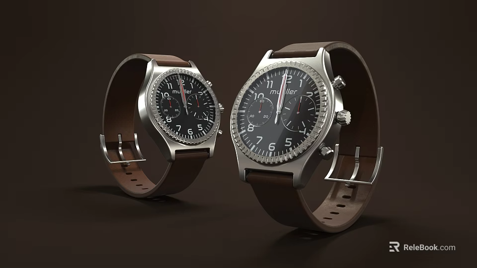 Two Elegant Watches With Black Dial Brown Leather Strap And Metal Case 3d model 