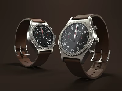 Two Elegant Watches With Black Dial Brown Leather Strap And Metal Case 3d model