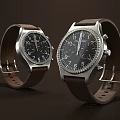 Two Elegant Watches With Black Dial Brown Leather Strap And Metal Case