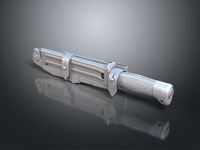 Silver Sci Fi Dagger with Metallic Mechanical Design and Textured Handle on Reflective Surface 3d model
