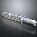 Silver Sci Fi Dagger with Metallic Mechanical Design and Textured Handle on Reflective Surface
