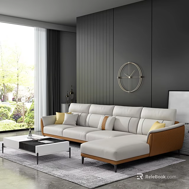 Modern Sofa and Coffee Table Set with White Brown Decorative Pillows Round Mirror and Window 3d model