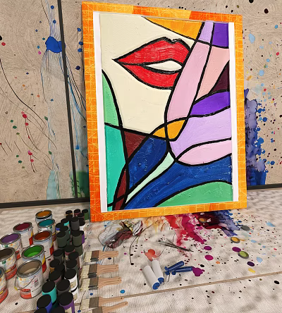 Abstract Painting On Canvas With Vibrant Colors Geometric Shapes Red Lips And Paintbrushes 3d model