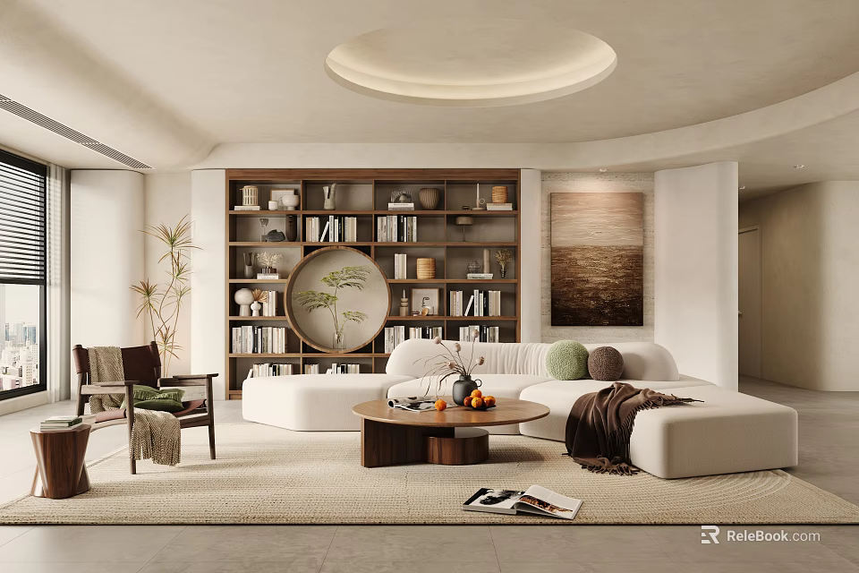 Modern Living Room Interior Design With White Sofa Bookshelves Round Coffee Table And Green Plant 3d model 