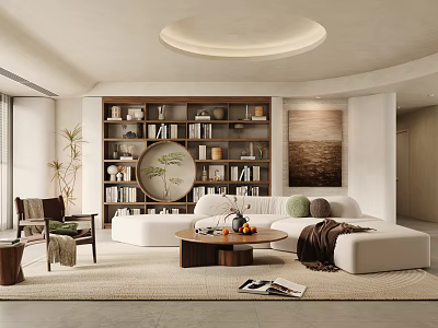 Modern Living Room Interior Design With White Sofa Bookshelves Round Coffee Table And Green Plant 3d model