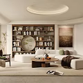 Modern Living Room Interior Design With White Sofa Bookshelves Round Coffee Table And Green Plant