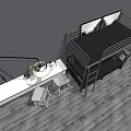 Modern Double Sofa With Bunk Bed Table White Chairs Floor Lamp Gray Wall Wooden Floor