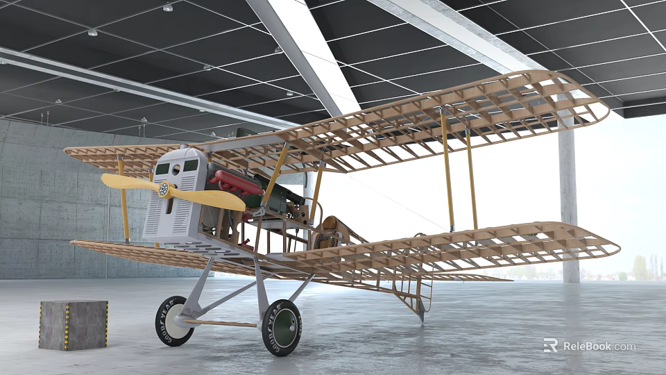 Vintage Passenger Aircraft With Wooden Biplane Wings And Propeller In Hangar 3d model 