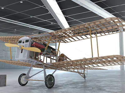 Vintage Passenger Aircraft With Wooden Biplane Wings And Propeller In Hangar 3d model