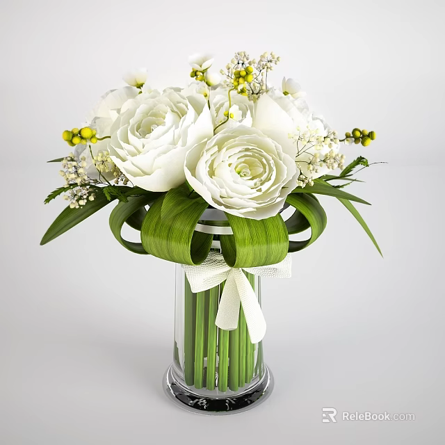 White Flowers In Transparent Glass Vase With Green Leaves Yellow Accents And White Bow 3d model 