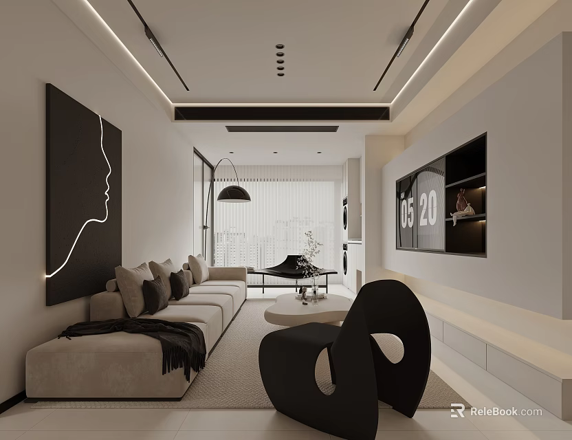 Modern Minimalist Living Dining Room Interior With Beige Sofa Black Chair TV And Pendant Light 3d model 