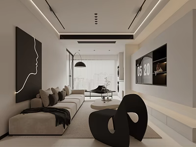 Modern Minimalist Living Dining Room Interior With Beige Sofa Black Chair TV And Pendant Light 3d model