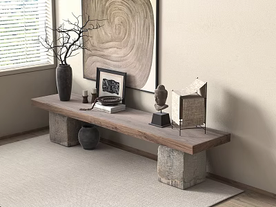 Wooden Console Table with Stone Legs Vase Framed Photo Sculpture by Window with Wall Art 3d model