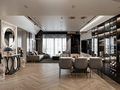 Modern Living and Dining Room Interior With Sofa Dining Table And Wine Cabinet 3d model