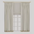 Beige Curtains With Soft Linen Fabric And Roller Blind Over Grid Window