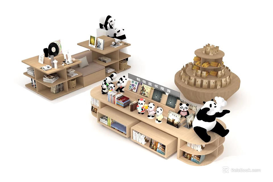 Various Design Display Shelves With Panda Plush Toys Books And Display Items In Retail Shop 3d model 