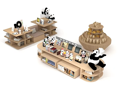 Various Design Display Shelves With Panda Plush Toys Books And Display Items In Retail Shop 3d model
