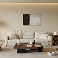 Modern Living Room Interior Design With Beige Sofa Wooden Coffee Table And Abstract Artwork