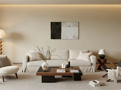Modern Living Room Interior Design With Beige Sofa Wooden Coffee Table And Abstract Artwork 3d model