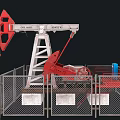 Industrial Oil Pump Jack With Red Metal Structure Fence And Pipes