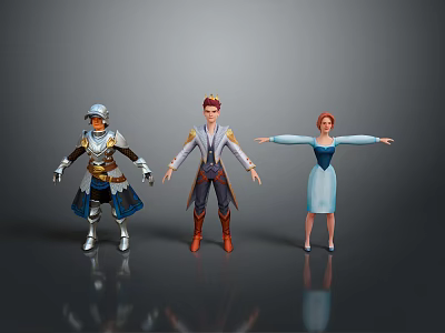 Three Game and Movie Characters Featuring Armored Knight Red Haired Warrior And Blue Gown Princess 3d model