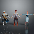Three Game and Movie Characters Featuring Armored Knight Red Haired Warrior And Blue Gown Princess