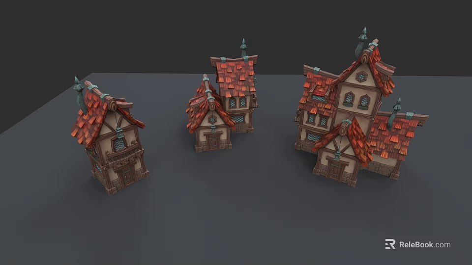 European Style Architecture Small Houses With Red Tile Roofs Brown Wooden Structures And Spires 3d model 