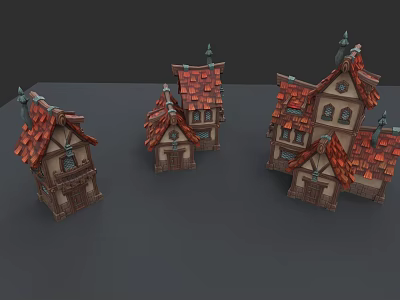 European Style Architecture Small Houses With Red Tile Roofs Brown Wooden Structures And Spires 3d model