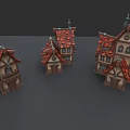 European Style Architecture Small Houses With Red Tile Roofs Brown Wooden Structures And Spires