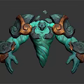 Game Character With Teal Green Body Muscular Build Orange Accented Armor And Intricate Shoulder Designs