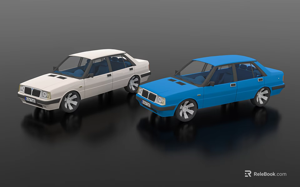 White and Blue Sedan Cars Displayed with Shiny Wheels on Black Surface 3d model 
