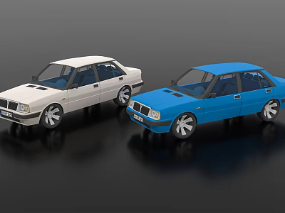 White and Blue Sedan Cars Displayed with Shiny Wheels on Black Surface 3d model