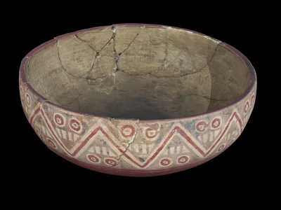 Cracked Ceramic Bowl With Geometric Patterns And Red White Decorated Rim 3d model