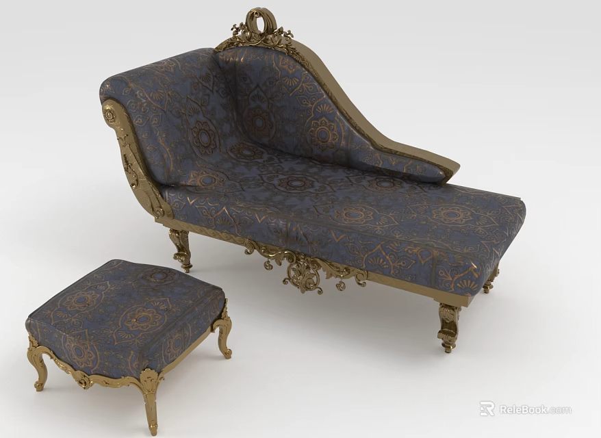 Elegant Navy Blue Patterned Chaise Lounge With Gold Ornate Details And Ottoman 3d model 