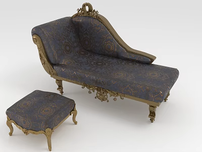 Elegant Navy Blue Patterned Chaise Lounge With Gold Ornate Details And Ottoman 3d model