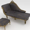Elegant Navy Blue Patterned Chaise Lounge With Gold Ornate Details And Ottoman