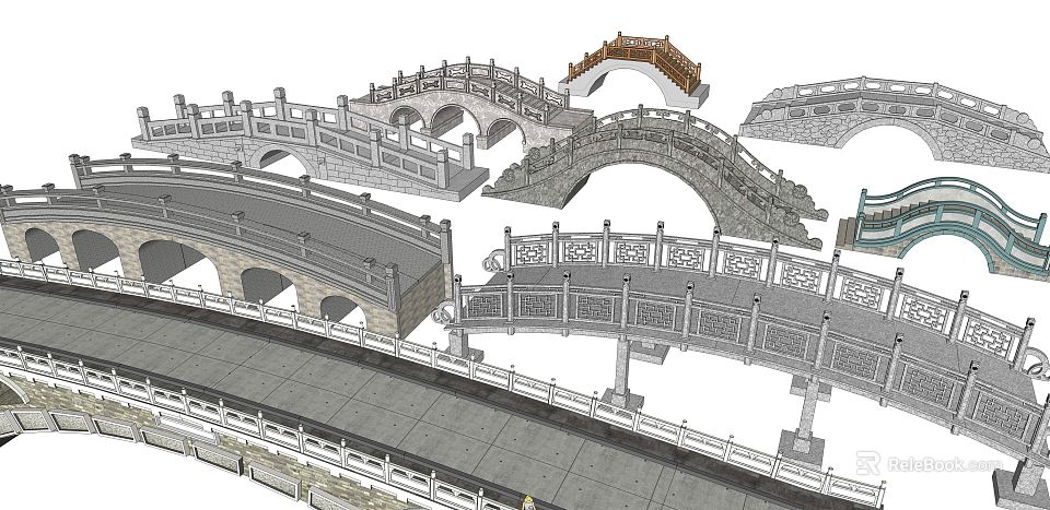 Landscape Bridges Featuring Various Traditional And Modern Arched Designs With Decorative Railings 3d model 