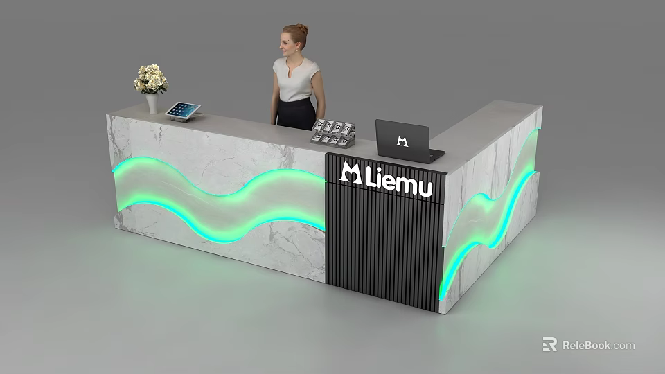 Modern Marble Reception Desk With Green Wave Lighting Liemu Logo Tablet And Laptop 3d model 