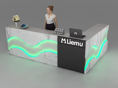 Modern Marble Reception Desk With Green Wave Lighting Liemu Logo Tablet And Laptop 3d model