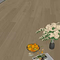 Natural Wooden Floor Interior With Fruit Bowl White Flower Bouquet And Magazine