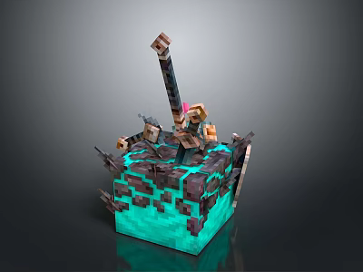 Minecraft Game Character With Sword On Turquoise Block Structure And Tools 3d model