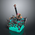 Minecraft Game Character With Sword On Turquoise Block Structure And Tools