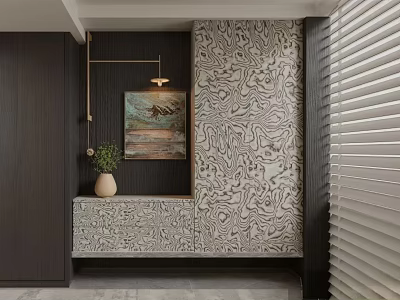 Modern Entryway Cabinet and Sideboard with Marble Pattern Hanging Lamp Decorative Painting and Green Plant 3d model