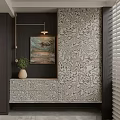 Modern Entryway Cabinet and Sideboard with Marble Pattern Hanging Lamp Decorative Painting and Green Plant