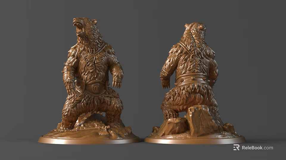 Bronze Bear Sculpture With Detailed Carving Front And Back Views Standing Posture Rock Base 3d model 