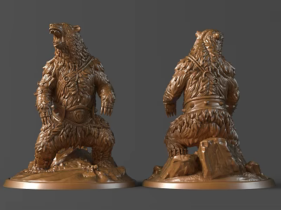 Bronze Bear Sculpture With Detailed Carving Front And Back Views Standing Posture Rock Base 3d model