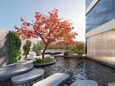 Modern Courtyard Garden With Red Maple Tree Water Pond Stone Paths And Green Plant Wall 3d model