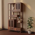 Wooden Chinese Display Shelf With Multiple Shelves Drawers And Potted Plant Indoor